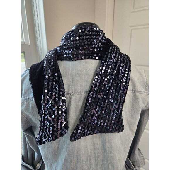 CHICO'S FANCY SPARKLE OBLONG SCARF BLACK SEQUINS BLACK VELVET WOMEN OS BLACK TIE - Picture 6 of 12